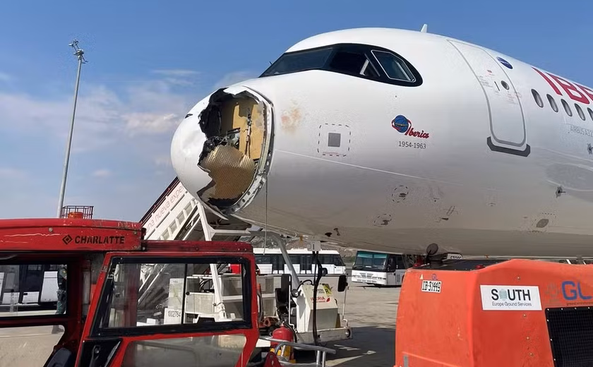 Avião fica com bico destruído após choque com pássaro e faz pouso de emergência na Espanha
