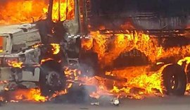 Caminhão carregado de tecido pega fogo na BR-101, em São Sebastião
