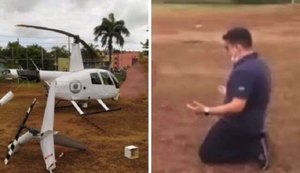 Helicóptero da Globo faz pouso forçado e perde cauda; piloto reza após aterrissagem