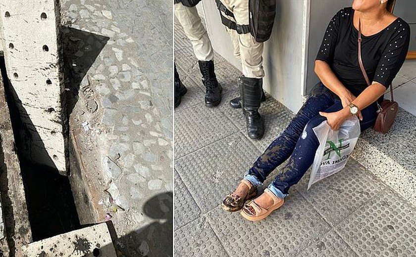 Mulher cai em vala no Centro de Maceió e é socorrida por agentes do Ronda no Bairro
