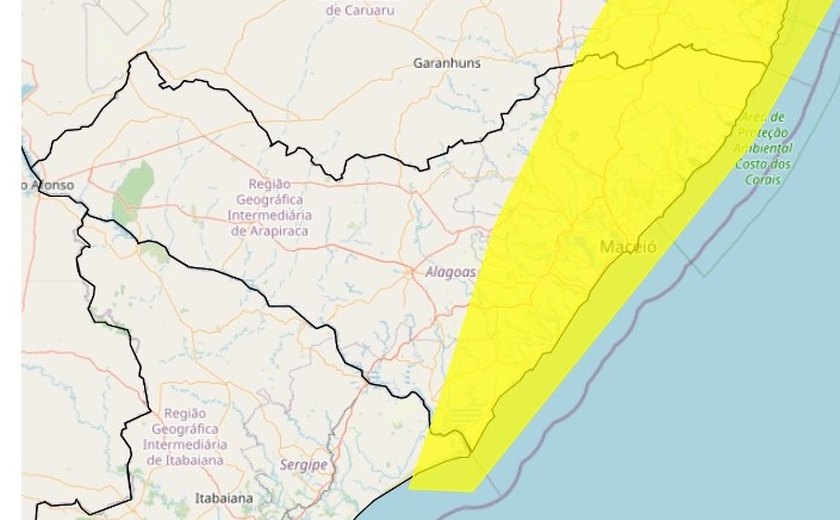 Alerta amarelo do Inmet tem 50 municípios de Alagoas com perigo potencial de chuvas