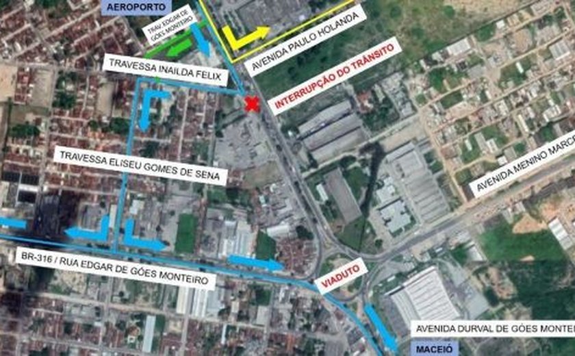 Trecho da BR-104 será interditado domingo para continuidade das obras do viaduto da PRF
