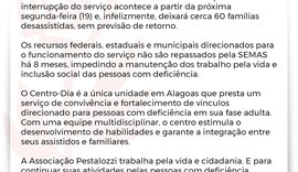 Pestalozzi anuncia interrupção de serviço por falta de pagamento na unidade Centro-Dia