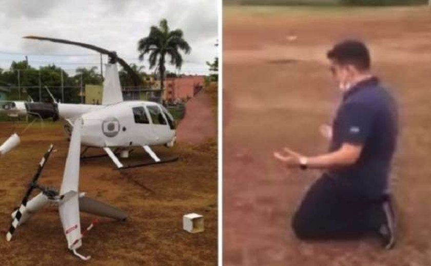 Helicóptero da Globo faz pouso forçado e perde cauda; piloto reza após aterrissagem
