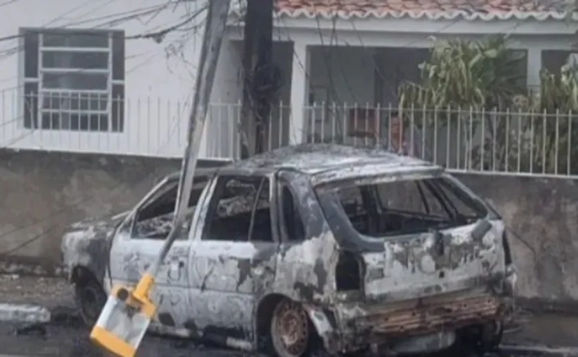 Veículo pega fogo após colidir em poste de energia elétrica no Sertão de Alagoas
