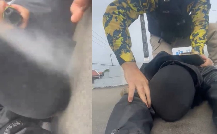 Motociclista é derrubado por agentes da DMTT que usam spray de gengibre nele durante abordagem