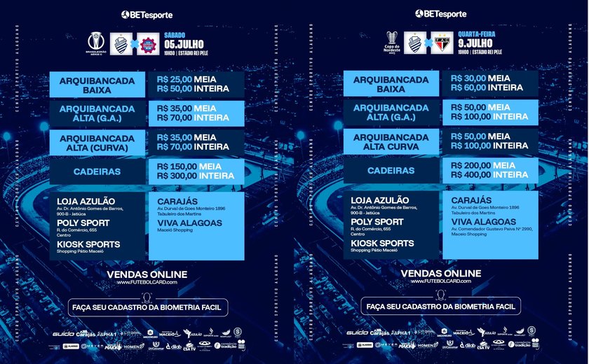 CSA anuncia valores de ingressos para jogos contra Caxias e Ferroviário