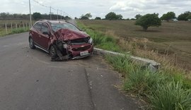 Motorista tenta desviar de cachorro, perde controle de carro e atinge poste no acostamento