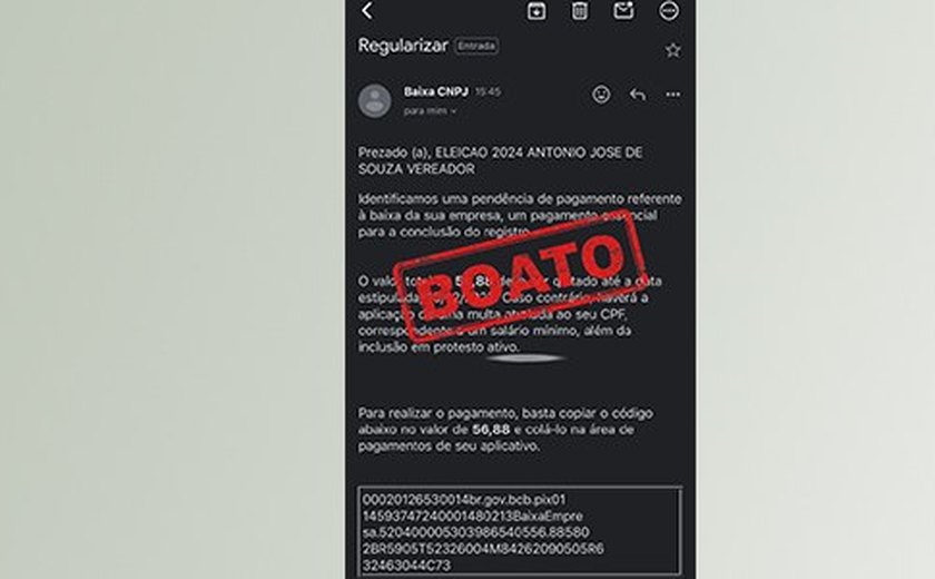 É falsa mensagem de cobrança para dar baixa no CNPJ de campanha