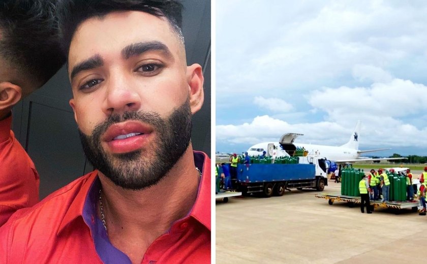 Gusttavo Lima mostra avião com cilindros de oxigênio para Manaus