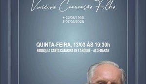 Família convida para missa de sétimo dia de Vinícius Cansanção Filho