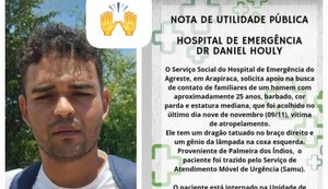 Jovem que desapareceu em Palmeira dos Índios foi vítima de atropelamento e segue internado no HEA