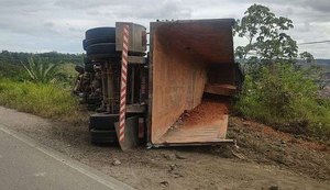 Caminhão colide em poste na AL-105 e tomba em seguida