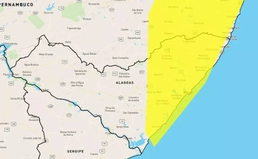 Inmet emite alerta de perigo potencial de chuvas para quase 50 cidades de Alagoas