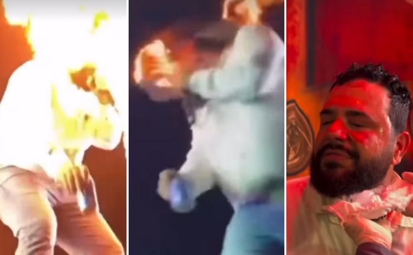 Cantor sertanejo é atingido no rosto por fogo durante show