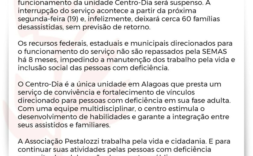 Pestalozzi anuncia interrupção de serviço por falta de pagamento na unidade Centro-Dia
