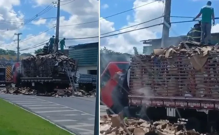Caminhão pega fogo parcialmente em Maceió; trânsito é afetado