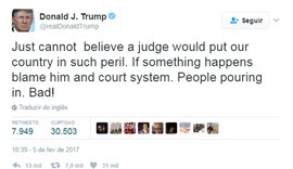 'Se algo acontecer, a culpa é dele', diz Trump sobre juiz que barrou veto