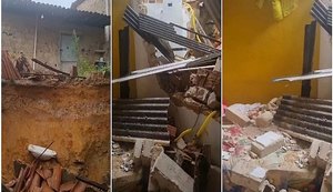Muro cai em  residência e moradores são resgatados e levados para o HGE