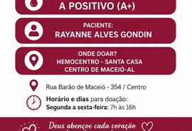 Família promove campanha por doação de plasma para paciente que passará por cirurgia em Maceió
