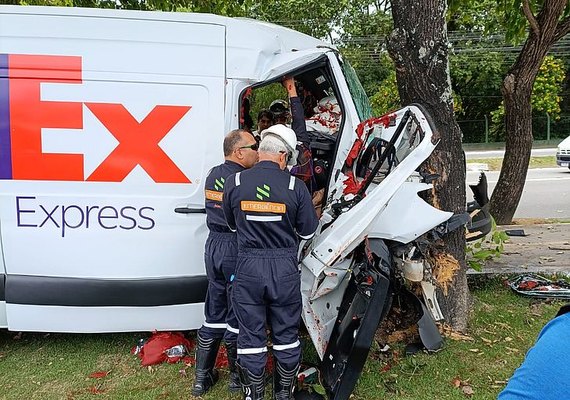 Condutor perde controle de van e colide em árvore na Fernandes Lima