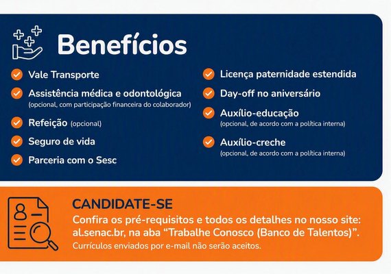 Com vagas em Maceió e Arapiraca, Senac Alagoas abre processo seletivo para novos colaboradores