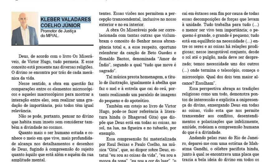 Promotor reflete sobre a existência de Deus em artigo publicado no jornal Tribuna Independente