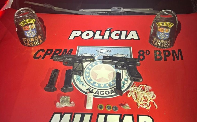 Polícia Militar apreende três armas de fogo, droga e dinheiro em ocorrências no interior do estado; quatro foram presos