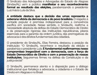 Sindav/AL reconhece resultado das eleições e parabeniza Lula