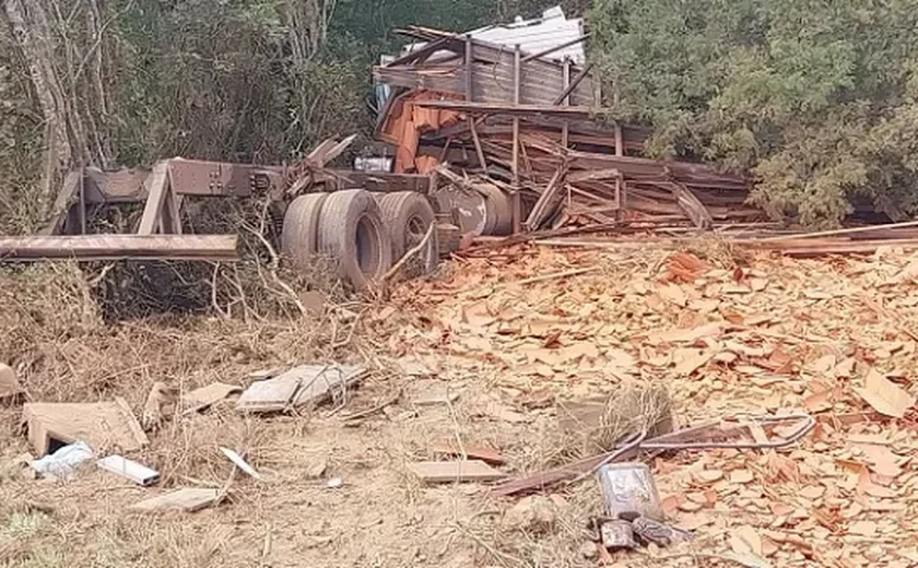 Caminhão carregado de telhas tomba e vai parar em ribanceira às margens da AL-115