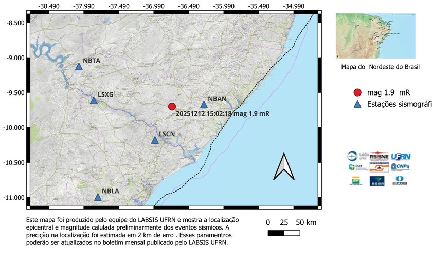 Tremor de terra em Craíbas teve magnitude 1.9