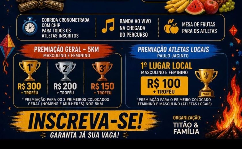 Primeira Corrida da Fogueira será realizada em Paulo Jacinto no dia 7 de junho