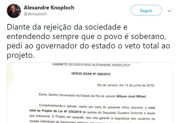 Autor de lei que exige prova no Detran para usuários de patinetes pede que Witzel vete