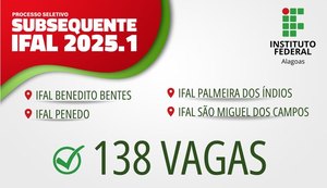 Inscrições abertas: Ifal oferta 138 vagas em quatro cursos técnicos subsequentes