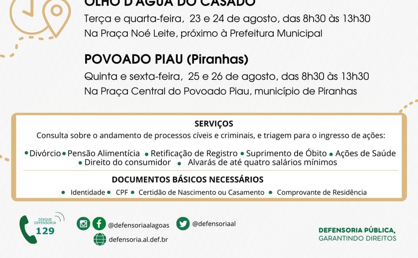 Defensoria Pública atende moradores de Piranhas e Olho D’Água do Casado a partir desta terça-feira (23)