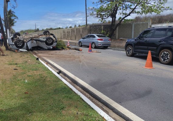 Veículo capota e derruba coqueiros em avenida de Maceió
