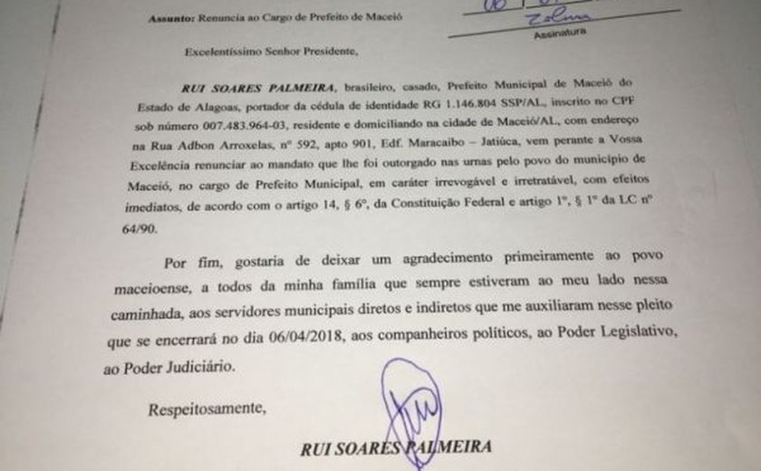 Câmara afirma que carta de Rui renunciando à Prefeitura é falsa