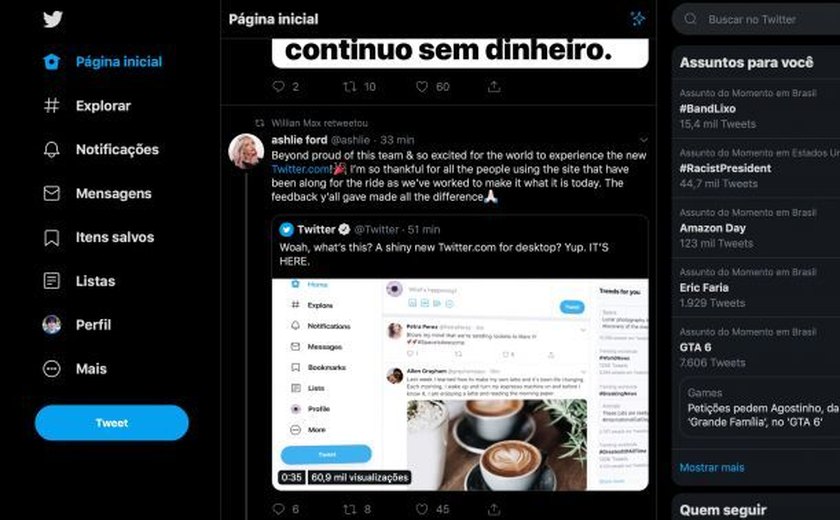 Twitter começa a liberar novo design na internet para todo mundo