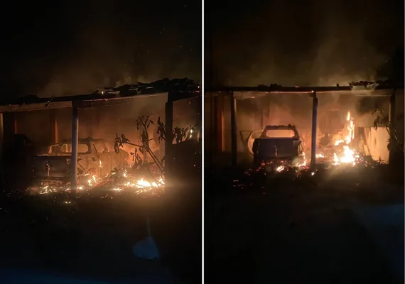 Carro pega fogo dentro de garagem e atinge estrutura do imóvel em Arapiraca