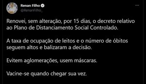 Com indicadores em alta, Governo de AL renova decreto contra Covid-19 por mais 15 dias