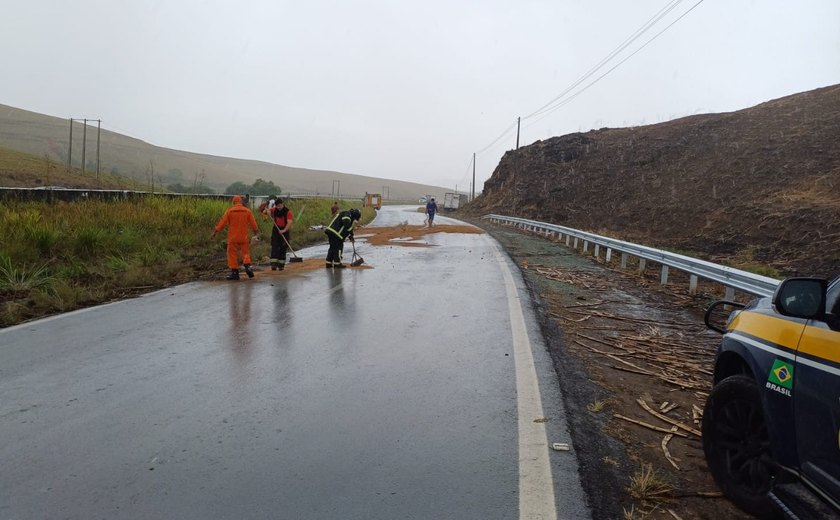 Caminhão com carga de frutas tomba na BR-101, em Colônia Leopoldina