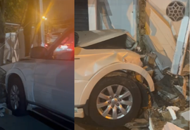 Idoso perde controle do carro, bate em poste e muro na Gruta