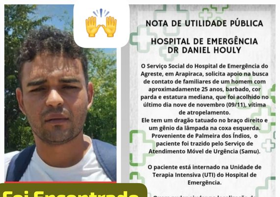 Jovem que desapareceu em Palmeira dos Índios foi vítima de atropelamento  e segue internado no HEA