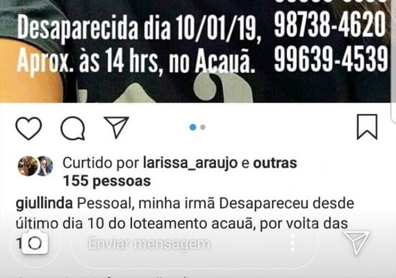 Adolescente de 14 anos desaparece e família inicia campanha na internet