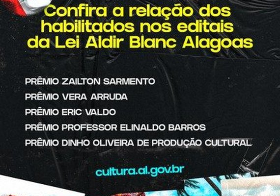 Secult divulga resultado preliminar dos últimos editais da Lei Aldir Blanc Alagoas