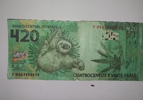 Nota falsa de R$ 420 com bicho-preguiça estampado é apreendida em Curitiba