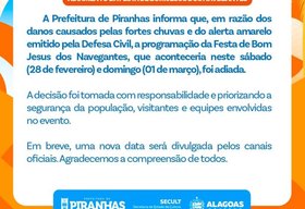 Chuvas levam Prefeitura a adiar Festa de Bom Jesus dos Navegantes em Piranhas