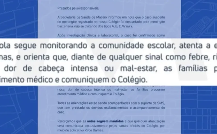 Suspeita de meningite em escola particular de Maceió gera preocupação entre pais