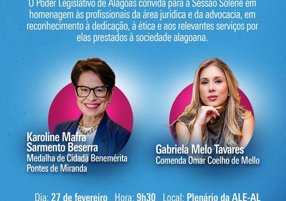 Juristas alagoanas serão homenageadas em sessão solene