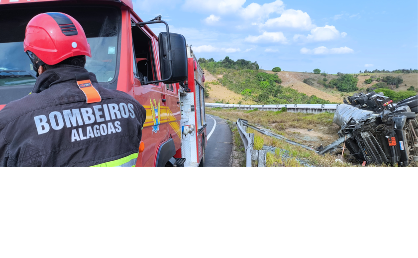 Corpo de Bombeiros resfria carreta com carregamento de álcool após tombamento